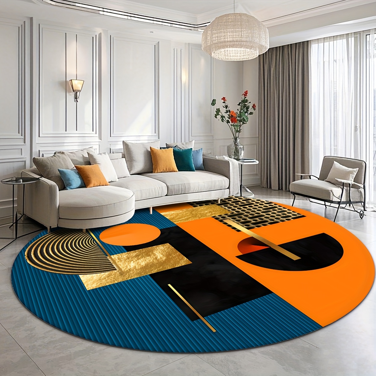 Printed Rug Abstract - Oranje Blauw Goud Abstract Geometrisch Luxe