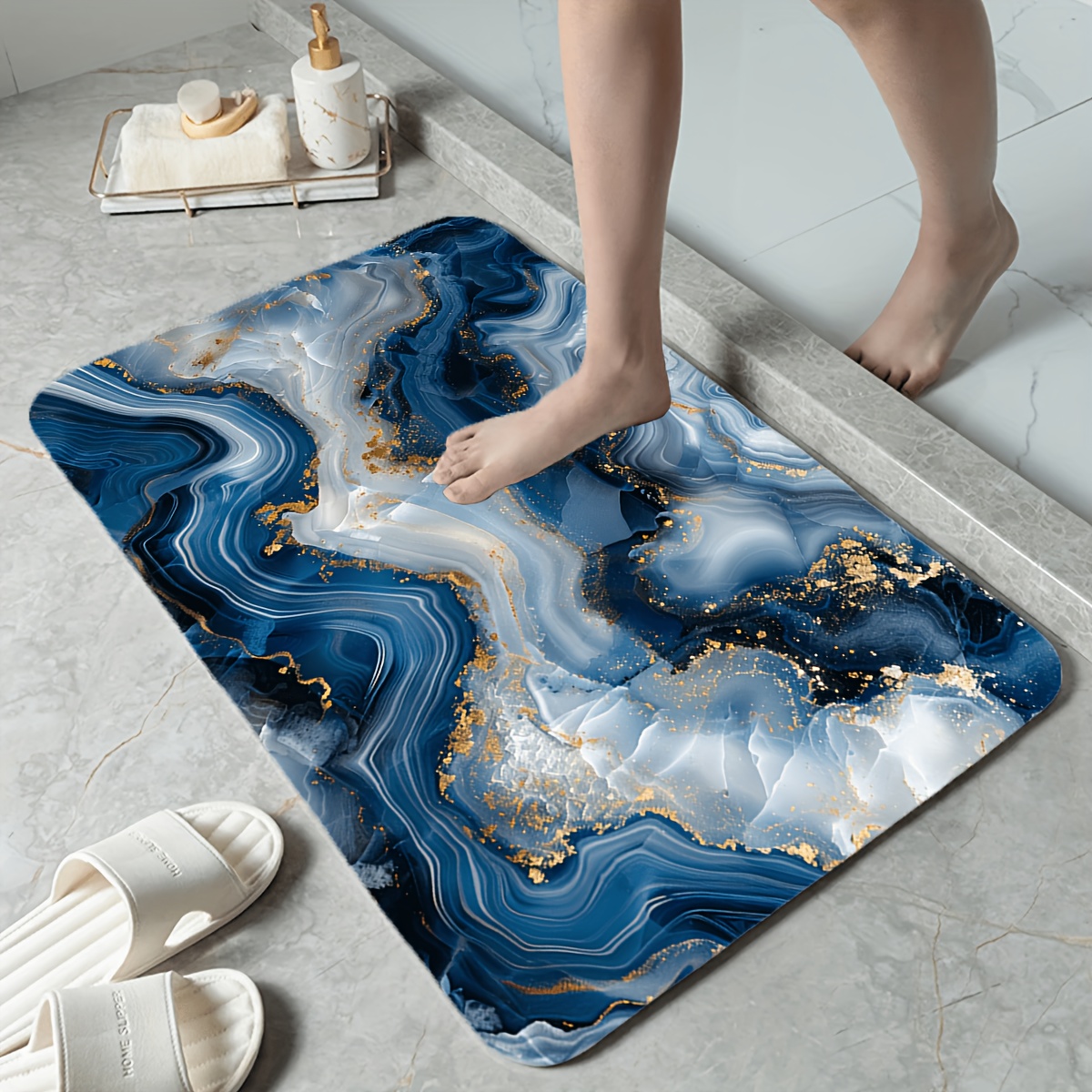 Printed Rug Abstract - Blauwgrijs goud marmeren print badmat, abstracte